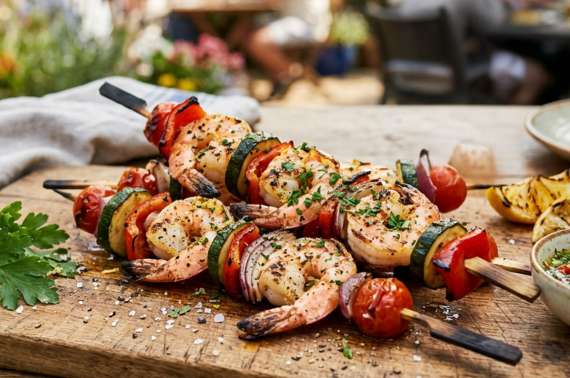 Ricetta degli spiedini di gamberi e verdure
