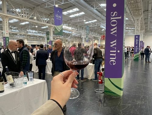 Un calice con una mano e sullo sfondo la fiera di Slow Wine